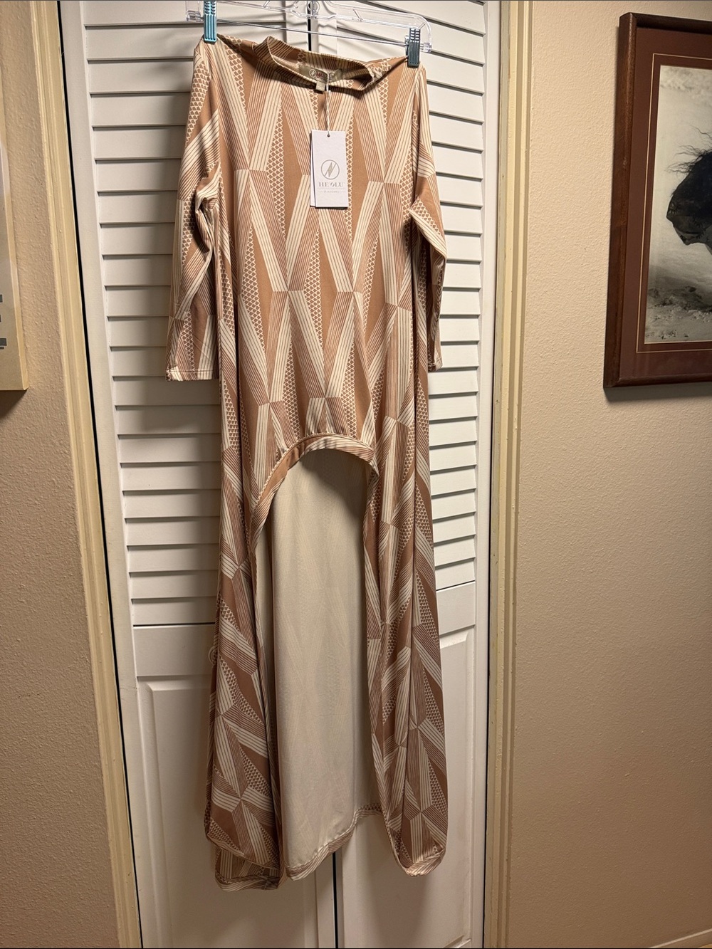 Manaola- He’Ola Collection Tan and Cream Geometric High Low  Dress